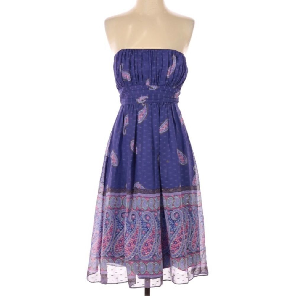 Shoshanna Purple/Blue Paisley Strapless Silk Midi Dress Size 2